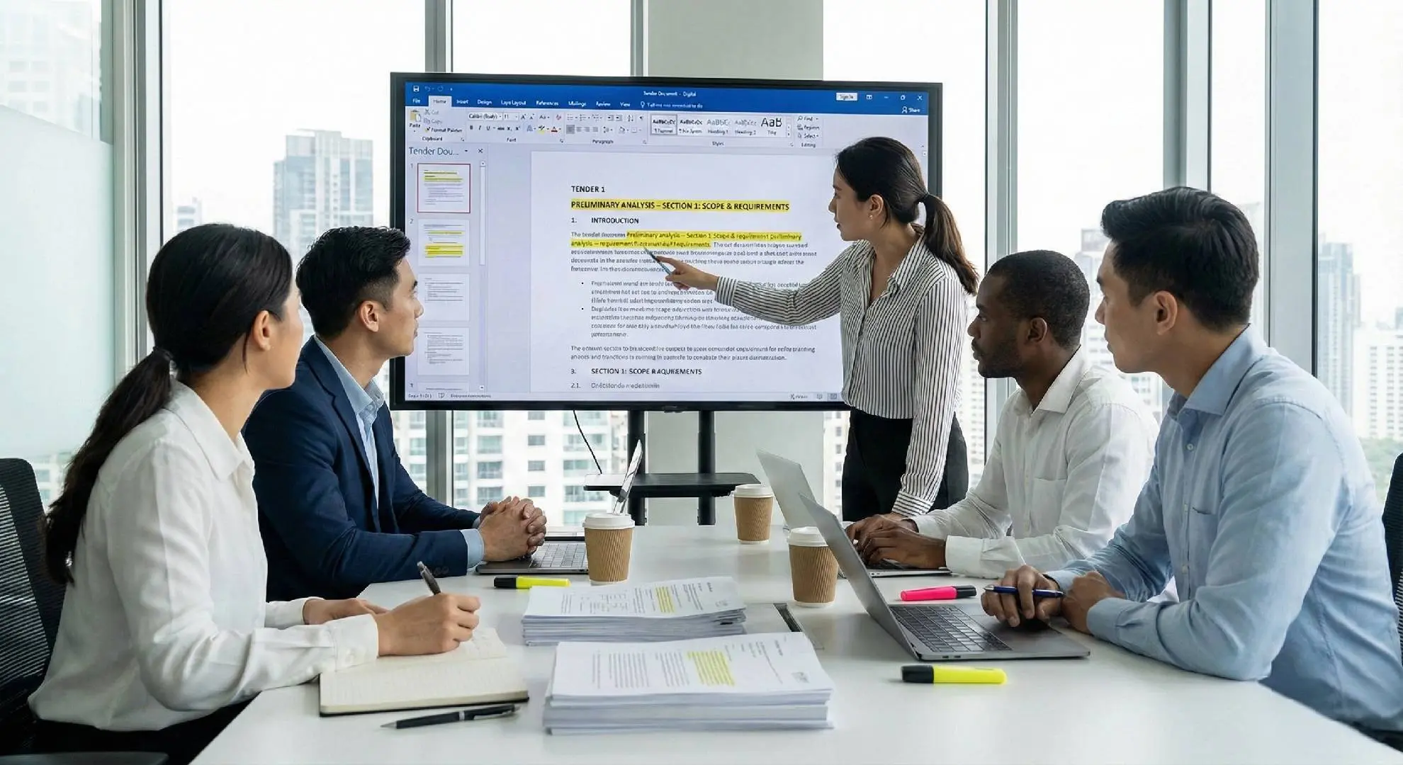 Team discussing RFP response strategy in a meeting